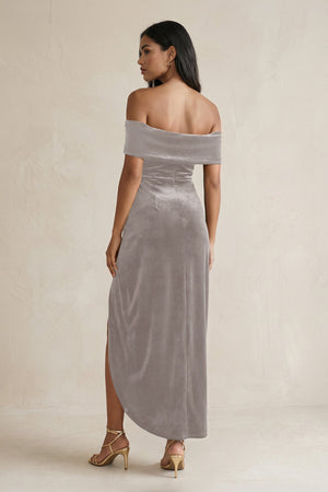 Off - the - Shoulder Sheath Velvet Midi Bridesmaid Dress in Silver - KISS BRIDAL Bridesmaid Dresses