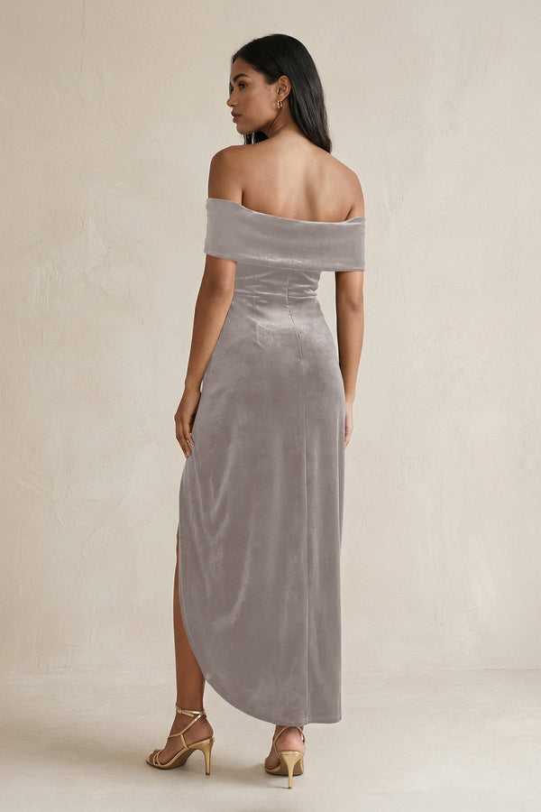 Off - the - Shoulder Sheath Velvet Midi Bridesmaid Dress in Silver - KISS BRIDAL Bridesmaid Dresses