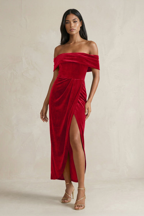 Off - the - Shoulder Sheath Velvet Midi Bridesmaid Dress in Spice - KISS BRIDAL Bridesmaid Dresses