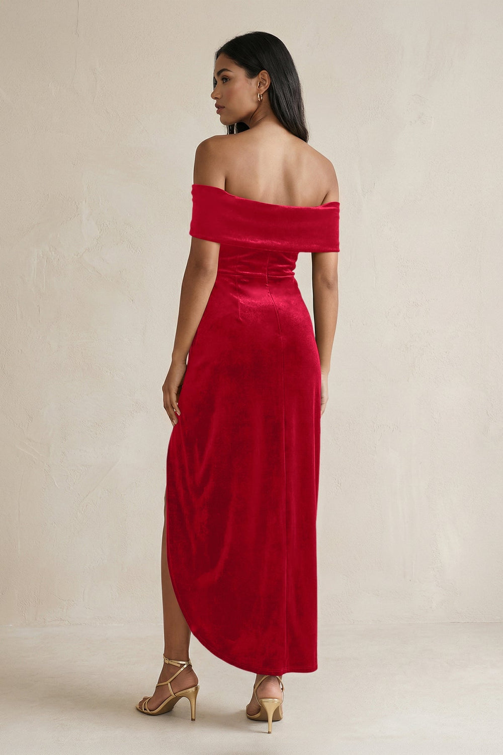 Off - the - Shoulder Sheath Velvet Midi Bridesmaid Dress in Spice - KISS BRIDAL Bridesmaid Dresses