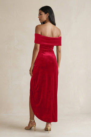 Off - the - Shoulder Sheath Velvet Midi Bridesmaid Dress in Spice - KISS BRIDAL Bridesmaid Dresses