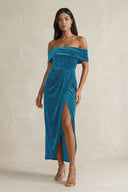 Off - the - Shoulder Sheath Velvet Midi Bridesmaid Dress in Steel Blue - KISS BRIDAL Bridesmaid Dresses