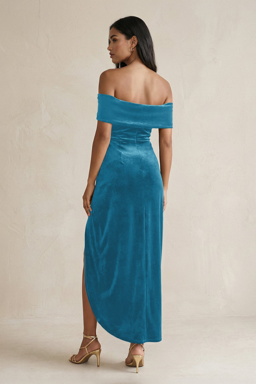 Off - the - Shoulder Sheath Velvet Midi Bridesmaid Dress in Steel Blue - KISS BRIDAL Bridesmaid Dresses