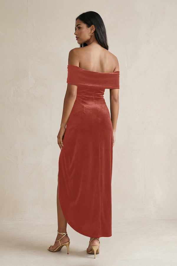 Off - the - Shoulder Sheath Velvet Midi Bridesmaid Dress in Terracotta - KISS BRIDAL Bridesmaid Dresses