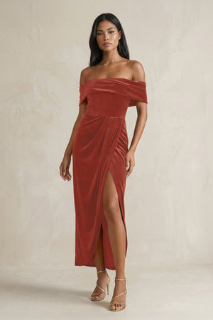Off - the - Shoulder Sheath Velvet Midi Bridesmaid Dress in Terracotta - KISS BRIDAL Bridesmaid Dresses