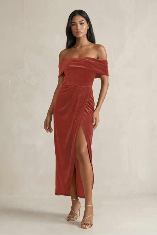 Off - the - Shoulder Sheath Velvet Midi Bridesmaid Dress in Terracotta - KISS BRIDAL Bridesmaid Dresses