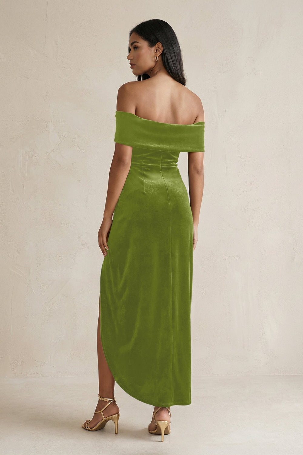 Off - the - Shoulder Sheath Velvet Midi Bridesmaid Dress in Thyme - KISS BRIDAL Bridesmaid Dresses