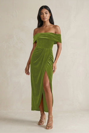 Off - the - Shoulder Sheath Velvet Midi Bridesmaid Dress in Thyme - KISS BRIDAL Bridesmaid Dresses