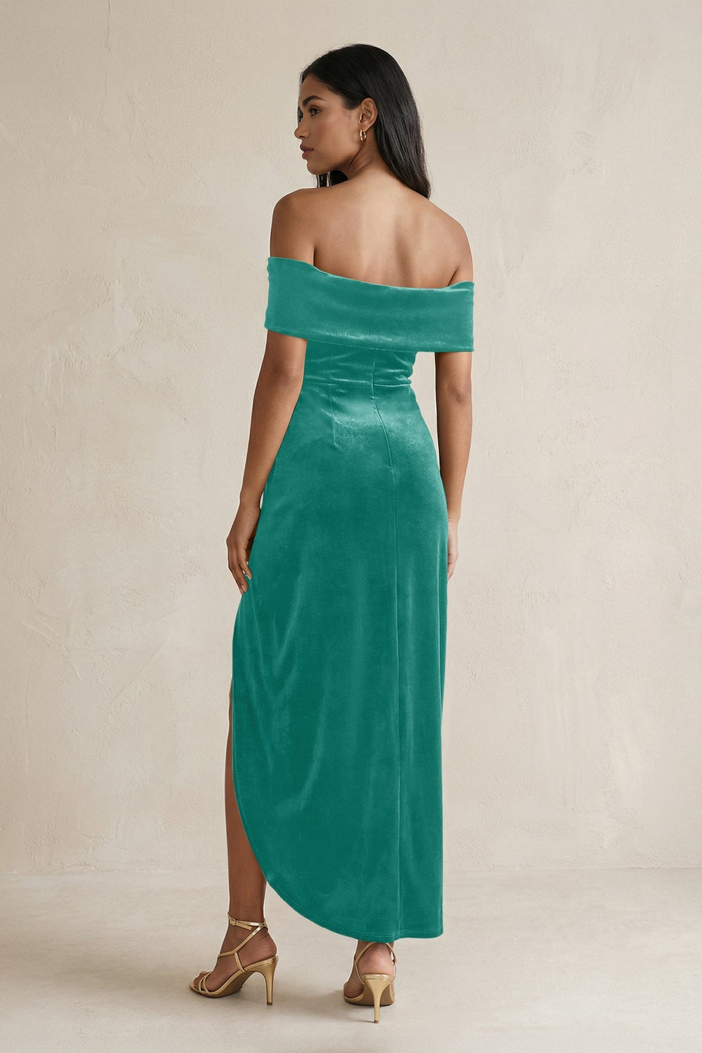 Off - the - Shoulder Sheath Velvet Midi Bridesmaid Dress in Turquoise - KISS BRIDAL Bridesmaid Dresses