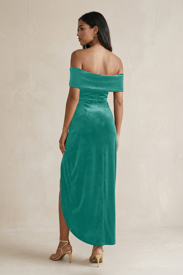 Off - the - Shoulder Sheath Velvet Midi Bridesmaid Dress in Turquoise - KISS BRIDAL Bridesmaid Dresses