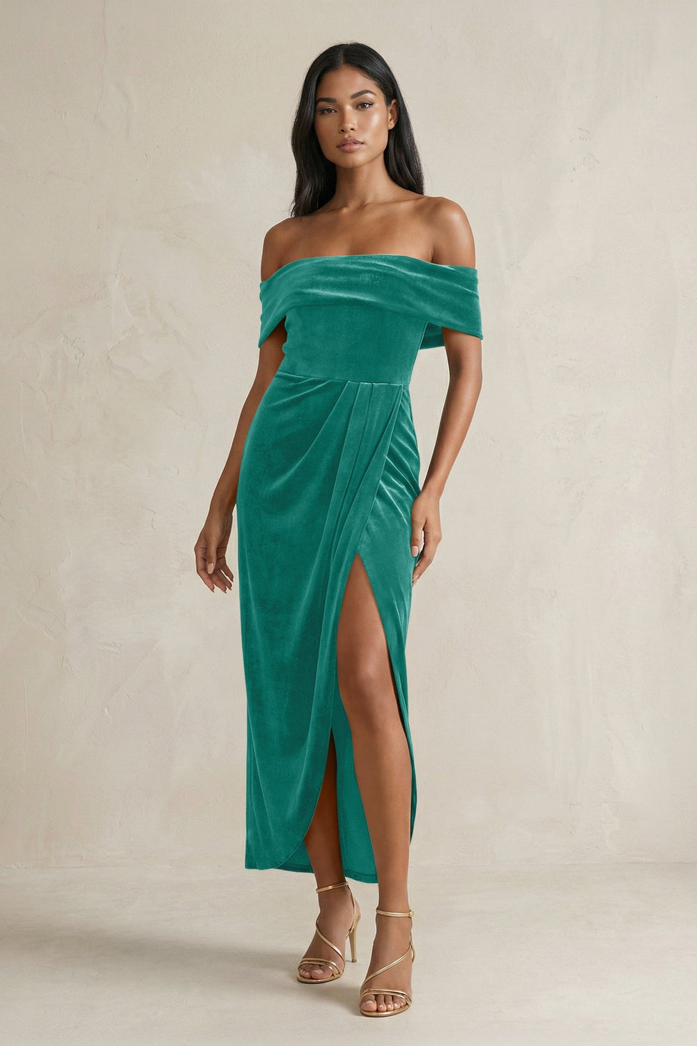 Off - the - Shoulder Sheath Velvet Midi Bridesmaid Dress in Turquoise - KISS BRIDAL Bridesmaid Dresses