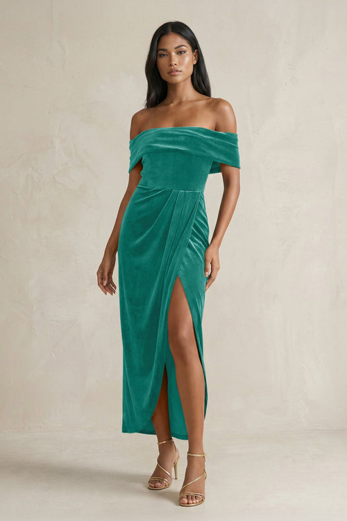 Off - the - Shoulder Sheath Velvet Midi Bridesmaid Dress in Turquoise - KISS BRIDAL Bridesmaid Dresses