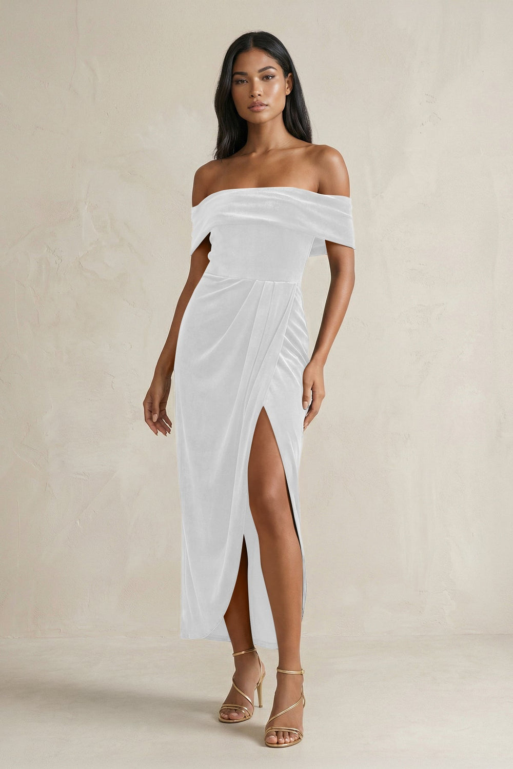 Off - the - Shoulder Sheath Velvet Midi Bridesmaid Dress in White - KISS BRIDAL Bridesmaid Dresses