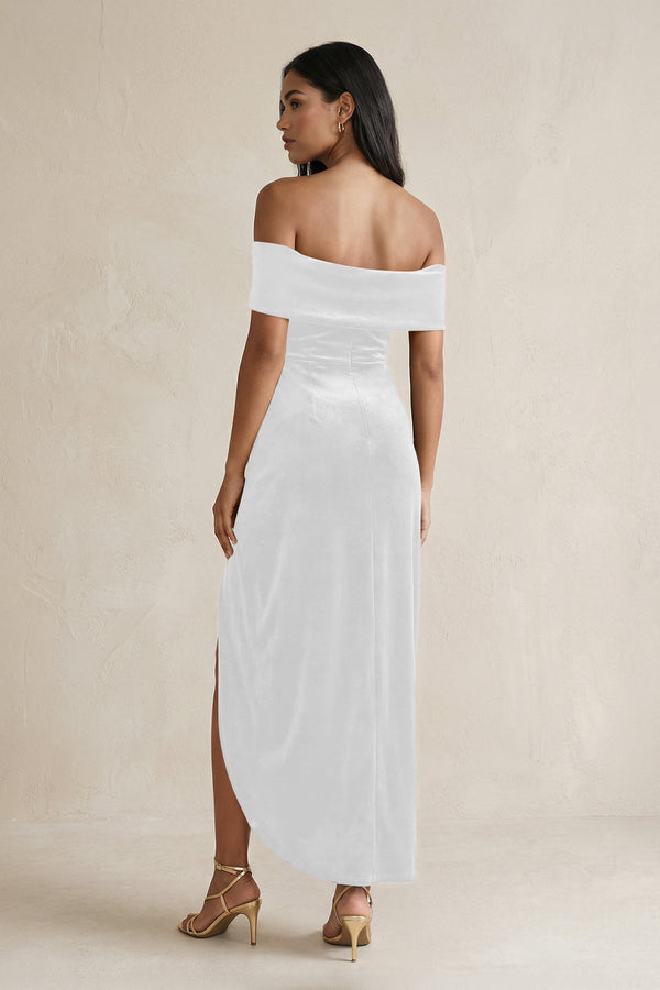 Off - the - Shoulder Sheath Velvet Midi Bridesmaid Dress in White - KISS BRIDAL Bridesmaid Dresses