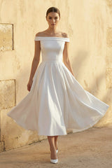 Off - The - Shoulder Sleeveless Satin Wedding Dress in White - KISS BRIDAL Wedding Dresses