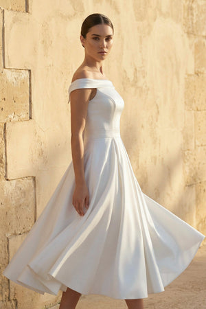 Off - The - Shoulder Sleeveless Satin Wedding Dress in White - SHE IS ME Wedding Dresses