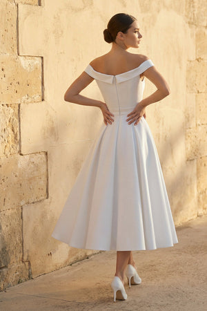 Off - The - Shoulder Sleeveless Satin Wedding Dress in White - SHE IS ME Wedding Dresses