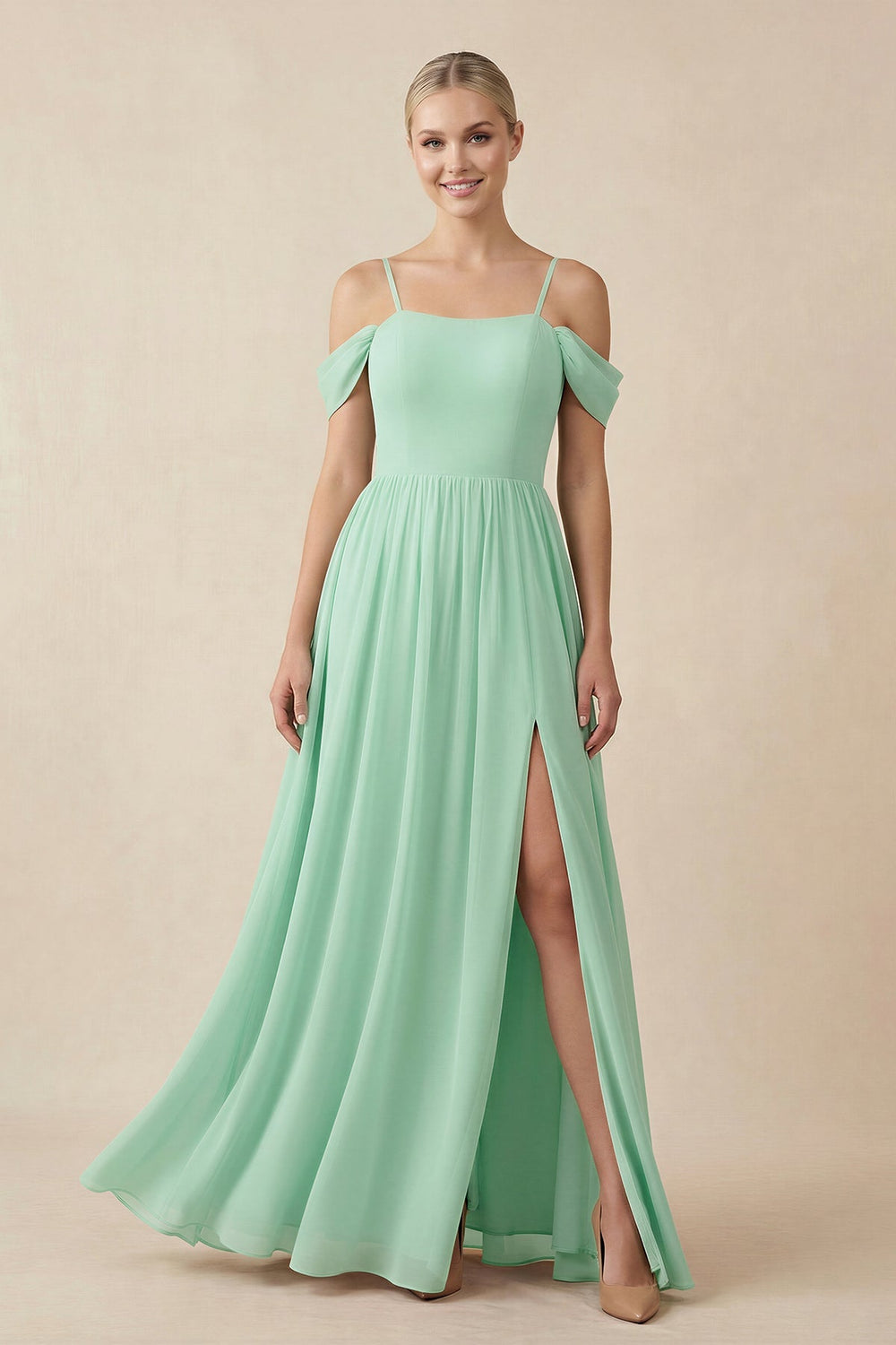 Off-the-Shoulder Sweetheart A-Line Chiffon Bridesmaid Dress in Pale Pistachio - SHE IS ME BRIDESMAID DRESSES