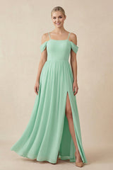 Off-the-Shoulder Sweetheart A-Line Chiffon Bridesmaid Dress in Pale Pistachio - KISS BRIDAL BRIDESMAID DRESSES