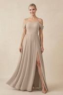 Off - the - Shoulder Sweetheart A - Line Chiffon Bridesmaid Dress in Almond - KISS BRIDAL Bridesmaid Dresses
