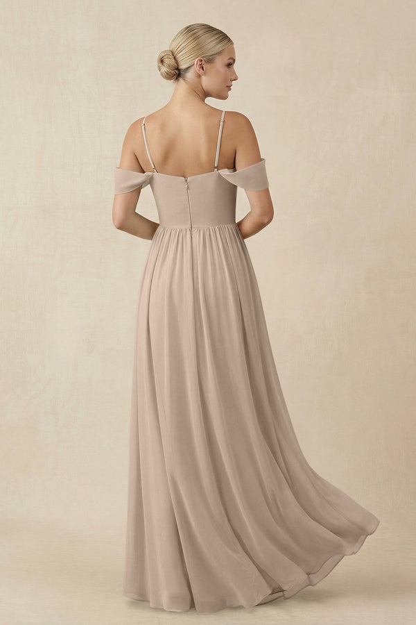 Off - the - Shoulder Sweetheart A - Line Chiffon Bridesmaid Dress in Almond - KISS BRIDAL Bridesmaid Dresses