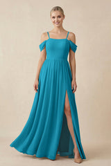 Off - the - Shoulder Sweetheart A - Line Chiffon Bridesmaid Dress in Blue Jay - KISS BRIDAL Bridesmaid Dresses