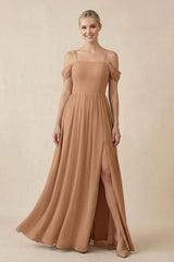 Off - the - Shoulder Sweetheart A - Line Chiffon Bridesmaid Dress in Bronzer - KISS BRIDAL Bridesmaid Dresses