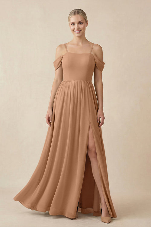 Off - the - Shoulder Sweetheart A - Line Chiffon Bridesmaid Dress in Bronzer - SHE IS ME Bridesmaid Dresses