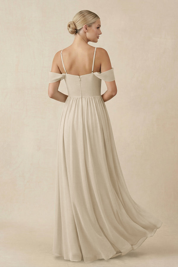 Off - the - Shoulder Sweetheart A - Line Chiffon Bridesmaid Dress in Champagne - SHE IS ME Bridesmaid Dresses