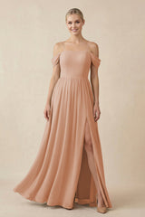 Off - the - Shoulder Sweetheart A - Line Chiffon Bridesmaid Dress in Champagne Rose - KISS BRIDAL Bridesmaid Dresses