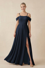 Off - the - Shoulder Sweetheart A - Line Chiffon Bridesmaid Dress in Dark Navy - KISS BRIDAL Bridesmaid Dresses