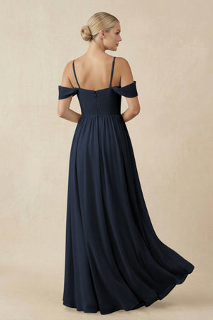 Off - the - Shoulder Sweetheart A - Line Chiffon Bridesmaid Dress in Dark Navy - SHE IS ME Bridesmaid Dresses