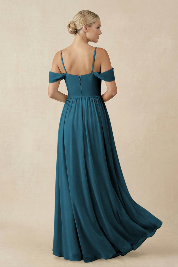Off - the - Shoulder Sweetheart A - Line Chiffon Bridesmaid Dress in Dark Teal - SHE IS ME Bridesmaid Dresses