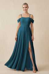 Off - the - Shoulder Sweetheart A - Line Chiffon Bridesmaid Dress in Dark Teal - KISS BRIDAL Bridesmaid Dresses
