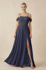 Off - the - Shoulder Sweetheart A - Line Chiffon Bridesmaid Dress in Dusk Blue - KISS BRIDAL Bridesmaid Dresses