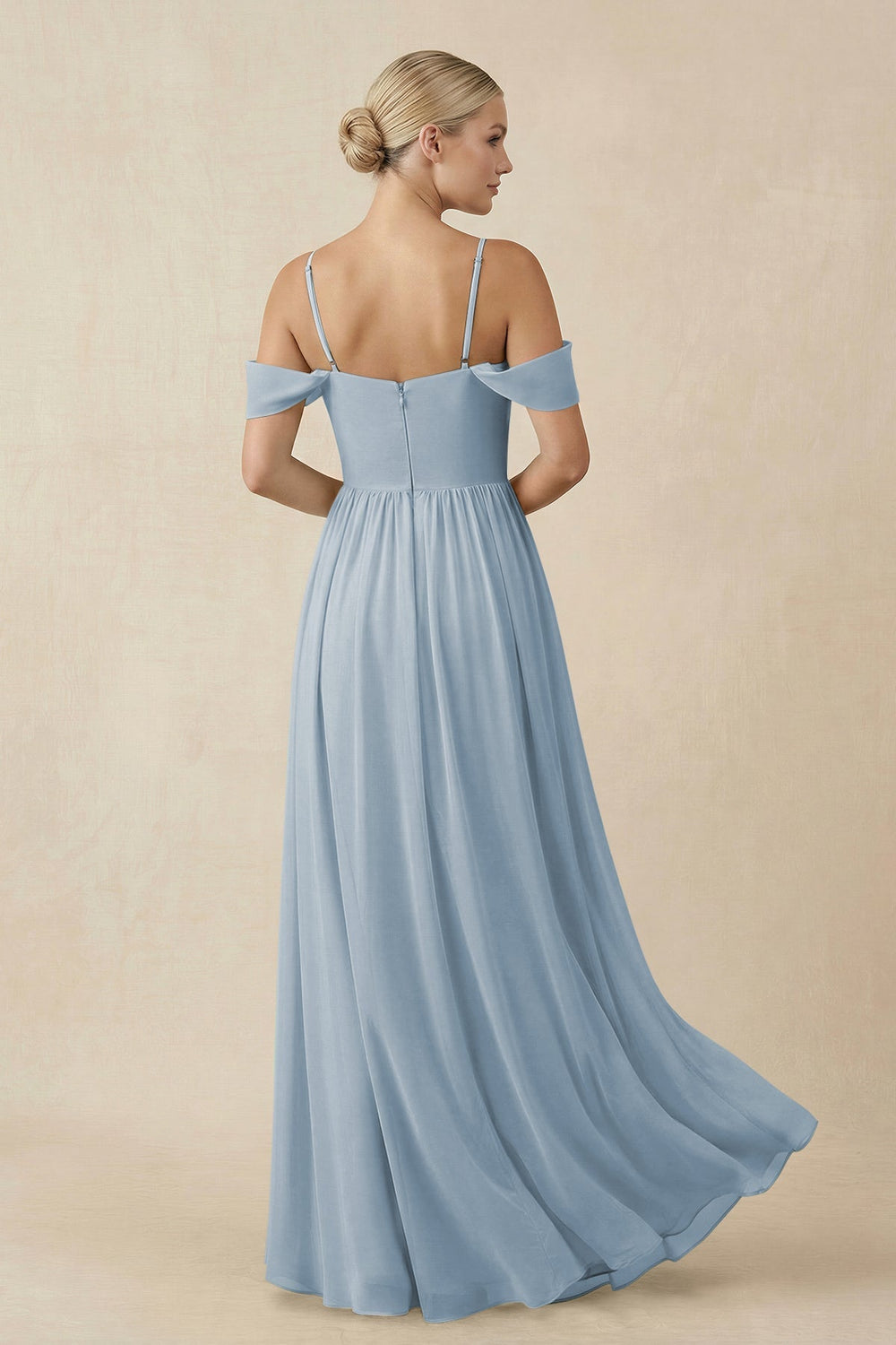 Off - the - Shoulder Sweetheart A - Line Chiffon Bridesmaid Dress in Dusty Blue - SHE IS ME Bridesmaid Dresses