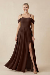 Off - the - Shoulder Sweetheart A - Line Chiffon Bridesmaid Dress in Espresso - KISS BRIDAL Bridesmaid Dresses
