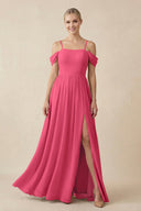 Off - the - Shoulder Sweetheart A - Line Chiffon Bridesmaid Dress in Fuchsia - KISS BRIDAL Bridesmaid Dresses
