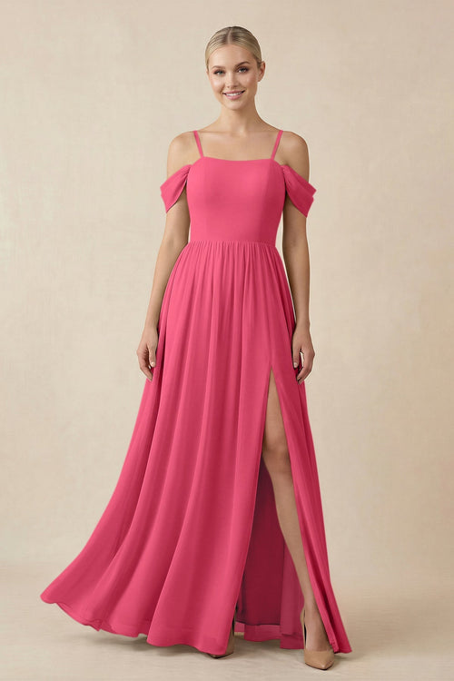 Off - the - Shoulder Sweetheart A - Line Chiffon Bridesmaid Dress in Fuchsia - KISS BRIDAL Bridesmaid Dresses