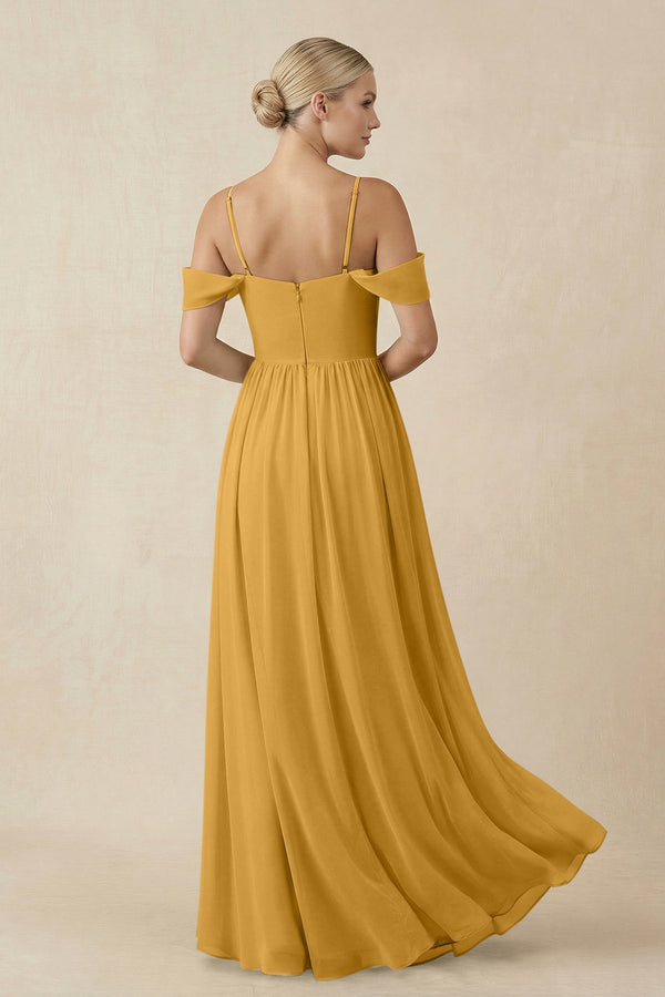 Off - the - Shoulder Sweetheart A - Line Chiffon Bridesmaid Dress in Marigold - KISS BRIDAL Bridesmaid Dresses