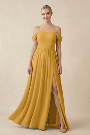 Off - the - Shoulder Sweetheart A - Line Chiffon Bridesmaid Dress in Marigold - KISS BRIDAL Bridesmaid Dresses