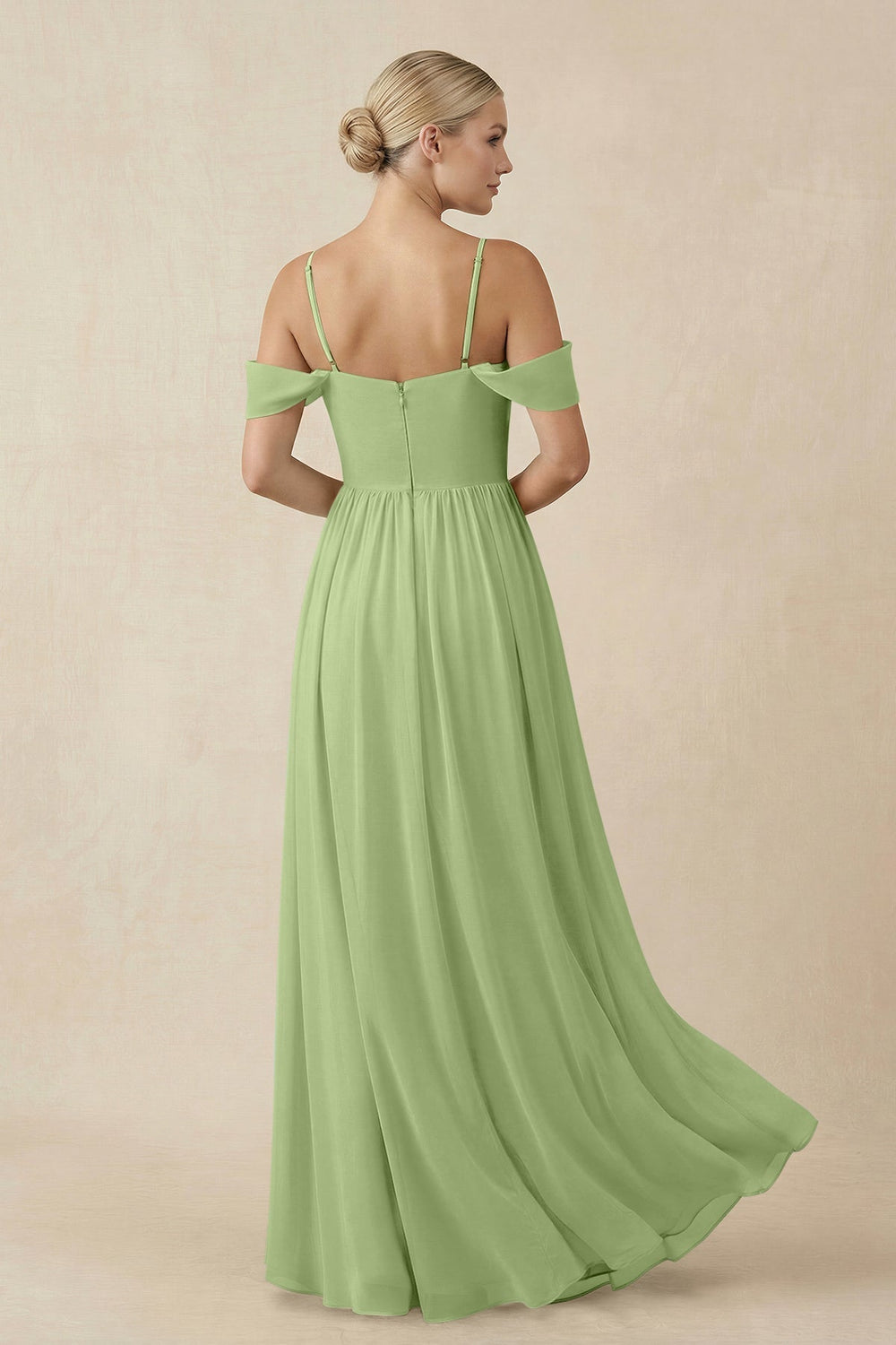 Off - the - Shoulder Sweetheart A - Line Chiffon Bridesmaid Dress in Matcha - SHE IS ME Bridesmaid Dresses