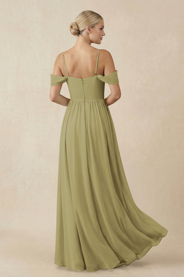 Off-the-Shoulder Sweetheart A-Line Chiffon Bridesmaid Dress in Moss Green (2) | KISSBRIDAL