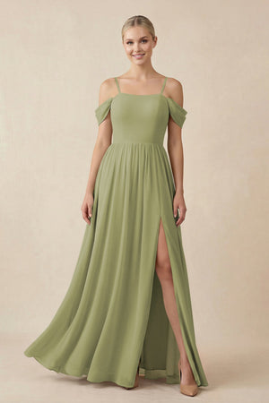 Off - the - Shoulder Sweetheart A - Line Chiffon Bridesmaid Dress in Moss Green - SHE IS ME Bridesmaid Dresses