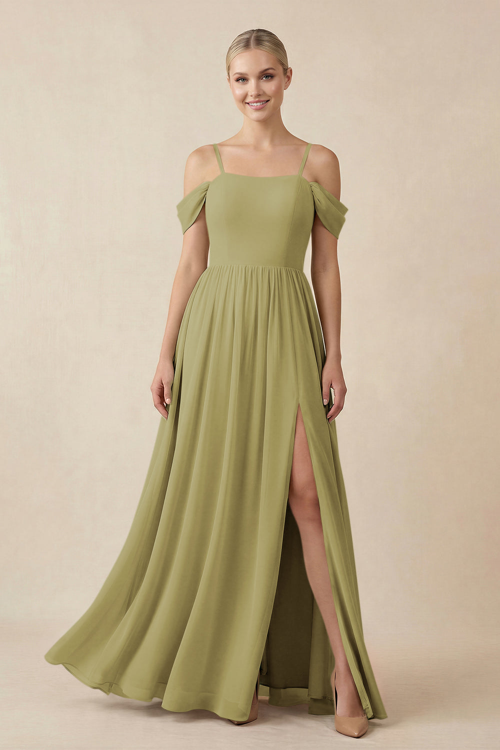Off-the-Shoulder Sweetheart A-Line Chiffon Bridesmaid Dress in Moss Green