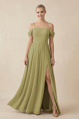 Off-the-Shoulder Sweetheart A-Line Chiffon Bridesmaid Dress in Moss Green | KISSBRIDAL