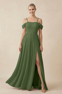 Off-the-Shoulder Sweetheart A-Line Chiffon Bridesmaid Dress in Moss | KISSBRIDAL