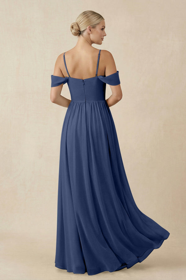 Off - the - Shoulder Sweetheart A - Line Chiffon Bridesmaid Dress in Navy - KISS BRIDAL Bridesmaid Dresses