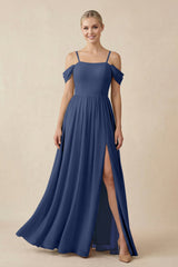 Off - the - Shoulder Sweetheart A - Line Chiffon Bridesmaid Dress in Navy - KISS BRIDAL Bridesmaid Dresses