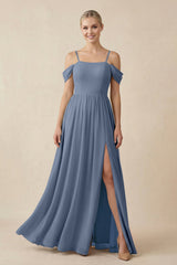 Off - the - Shoulder Sweetheart A - Line Chiffon Bridesmaid Dress in Neptune - KISS BRIDAL Bridesmaid Dresses